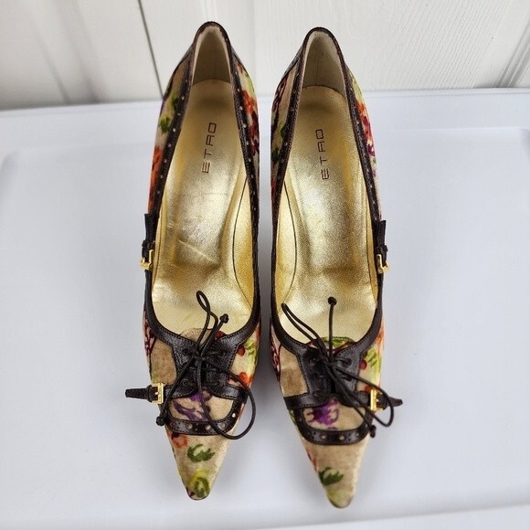 Etro Floral Velvet Pumps High Heels Shoes Buckles Lace-up Size 40 EU / 9.5 US - Picture 3 of 14